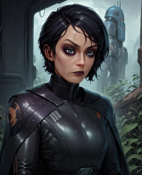 score_9,score_8_up,score_7_up,score_6_up, sabine wren ,,black hair, upper body, wet, armor,gloves,black bodysuit,black cape,belt...