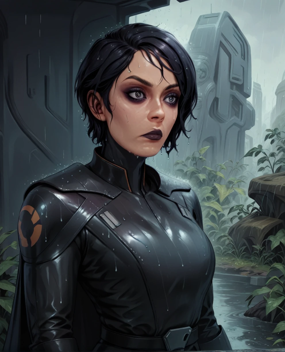 score_9,score_8_up,score_7_up,score_6_up, sabine wren ,,black hair, upper body, wet, armor,gloves,black bodysuit,black cape,belt,rain, science fiction,sith base, star wars, outdoors, rain, solo,fflixbag wearing armor sabine wren
