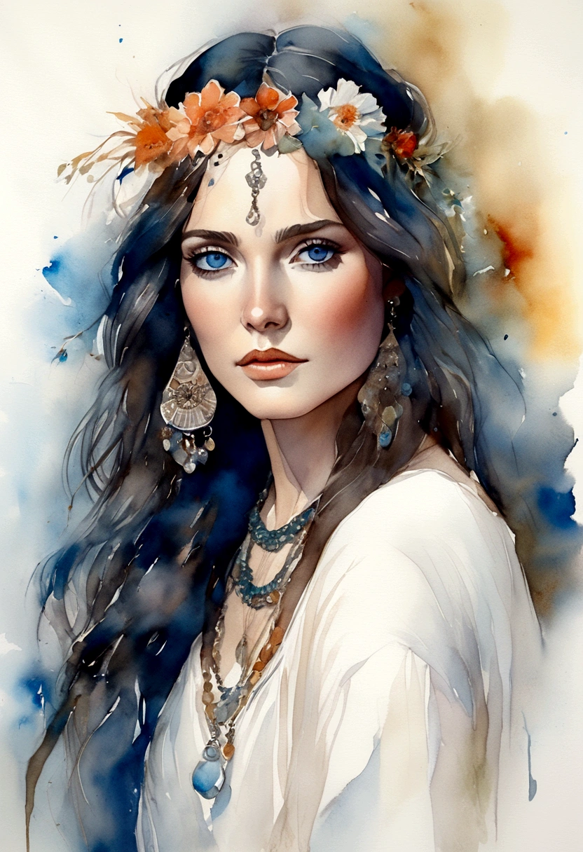 A captivating watercolor portrait of a bohemian woman with long dark hair, piercing blue eyes, her intense gaze directly meeting the viewer's eye. She dons a flowing white linen dress, accentuated by a collection of elegant and shimmering boho bracelets adorning her wrist. The background is a soft, neutral hue, creating a striking contrast that highlights her bold and confident presence, exuding both strength and allure., poster, painting, fashion