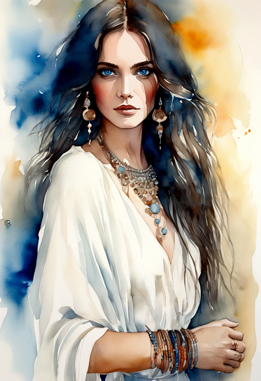 A captivating watercolor portrait of a bohemian woman with long dark hair, piercing blue eyes, her intense gaze directly meeting the viewer's eye. She dons a flowing white linen dress, accentuated by a collection of elegant and shimmering boho bracelets adorning her wrist. The background is a soft, neutral hue, creating a striking contrast that highlights her bold and confident presence, exuding both strength and allure., poster, painting, fashion