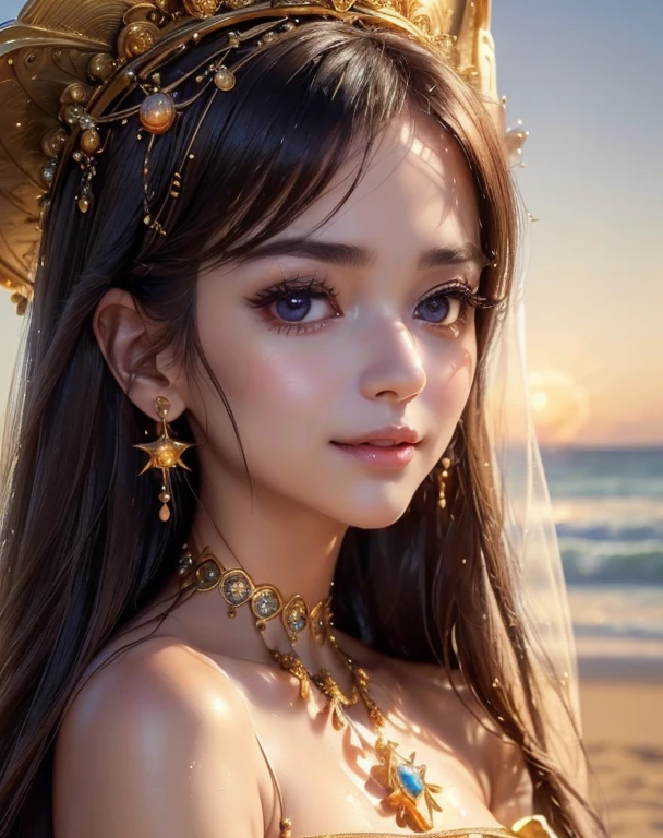 top quality、8K、32k、​Masterpiece,)beautiful woman、natural look、look away 、hair wet、Sheer long dress、Soft atmosphere、moment、No makeup、Shot from the side、the sea sparkles、night,sunset sky、Long distance shooting、Stroll along the sandy beach、a smile, she has beautiful small eyes and long natural eyelashes, she has small but little full rose lips, high quality, 8K Ultra HD, masterpiece, beautiful woman, create a whimsical moment where zoltar magical geode ball creates a big bang super nova powerful and luminous explosion of a star, quantum fluctuations, cosmic rays, gravitational waves, milky way in the style of tarot and microsoft 3D pinball space cadet, double long exposure movie still, full body.