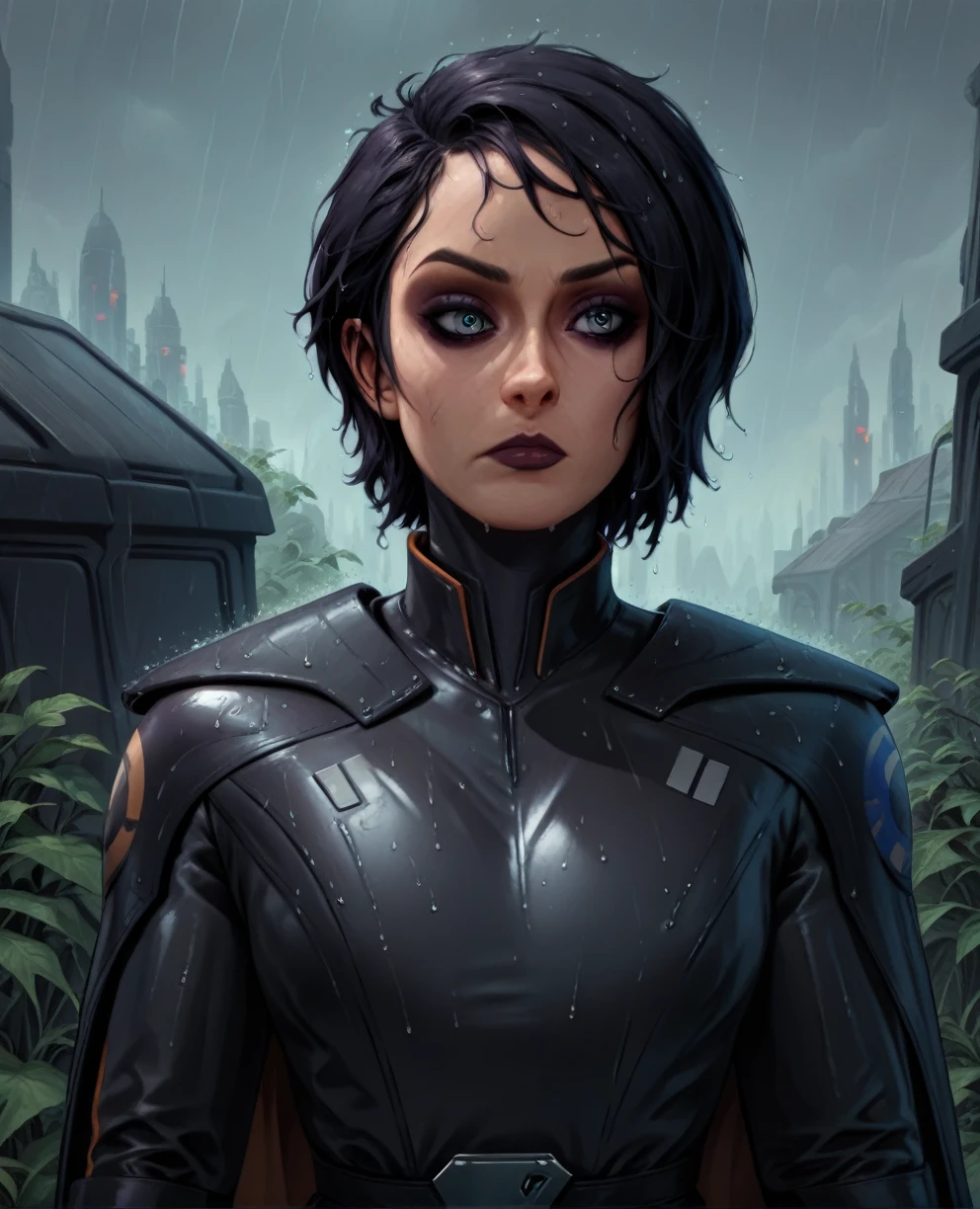 score_9,score_8_up,score_7_up,score_6_up, sabine wren ,,black hair, upper body, wet, armor,gloves,black bodysuit,black cape,belt,rain, science fiction,sith base, star wars, outdoors, rain, solo,fflixbag wearing armor sabine wren
