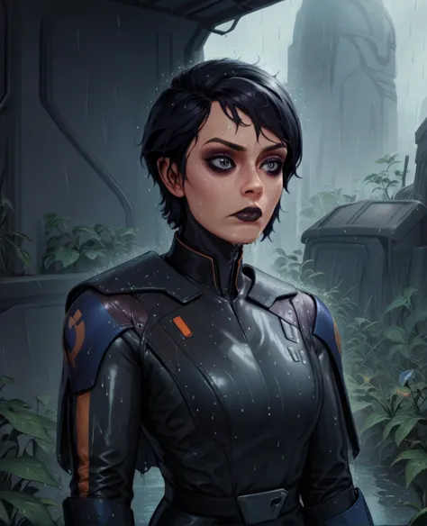 score_9,score_8_up,score_7_up,score_6_up, sabine wren ,,black hair, upper body, wet, armor,gloves,black bodysuit,black cape,belt...