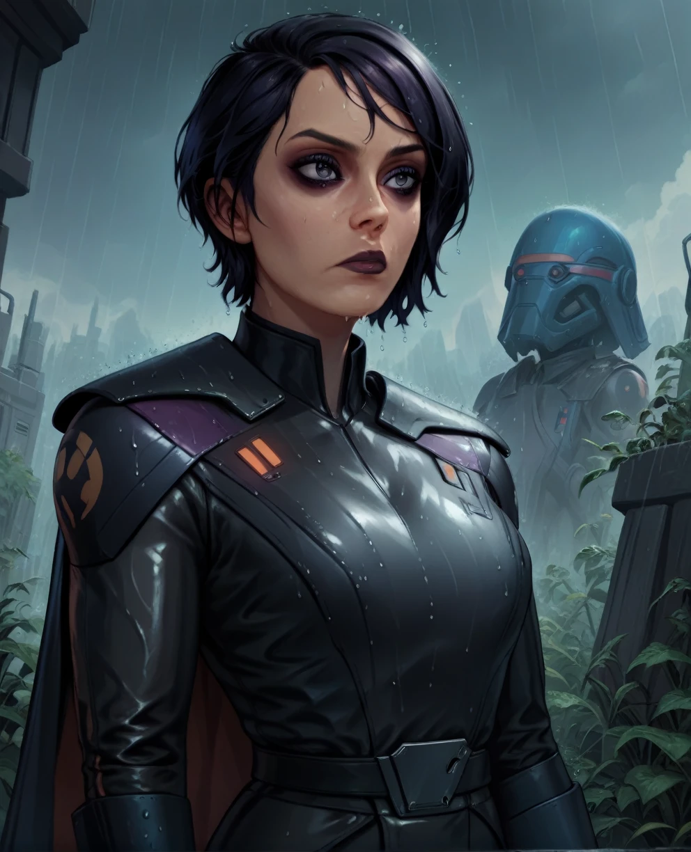 score_9,score_8_up,score_7_up,score_6_up, sabine wren ,,black hair, upper body, wet, armor,gloves,black bodysuit,black cape,belt,rain, science fiction,sith base, star wars, outdoors, rain, solo,fflixbag wearing armor sabine wren
