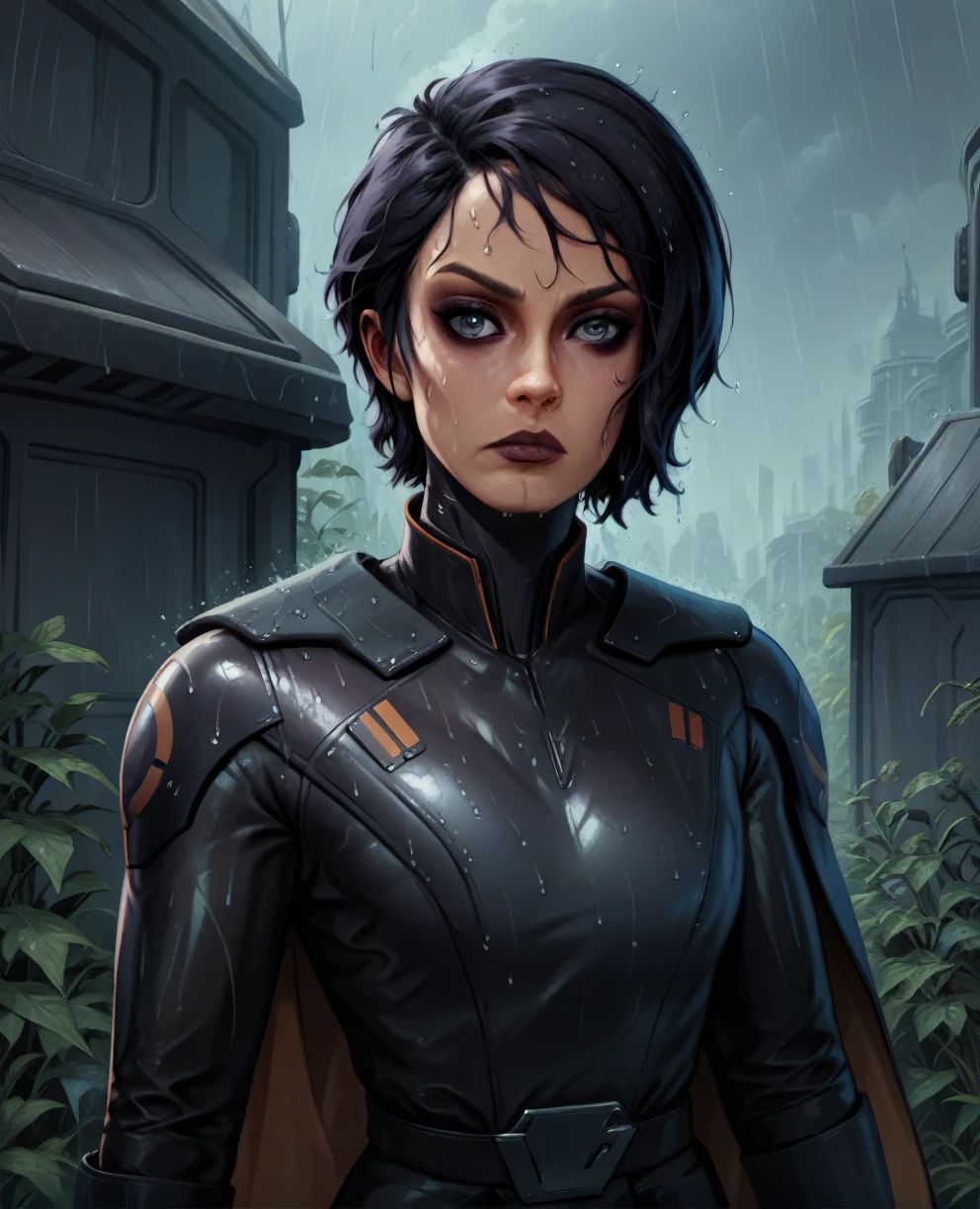 score_9,score_8_up,score_7_up,score_6_up, sabine wren ,,black hair, upper body, wet, armor,gloves,black bodysuit,black cape,belt,rain, science fiction,sith base, star wars, outdoors, rain, solo,fflixbag wearing armor sabine wren
