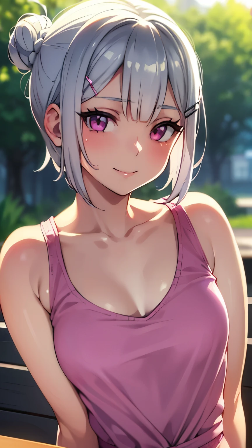 1girl, short silver bob hair tied in a bun with a hair clip, beautiful detailed pink eyes, beautiful detailed smile, pink tank top, hot pants, upper body close-up, morning cafe terrace, background blur, cinematic, highly detailed, photorealistic, 8k, masterpiece, intricate details, soft lighting, vibrant colors, pastel palette, warm tones