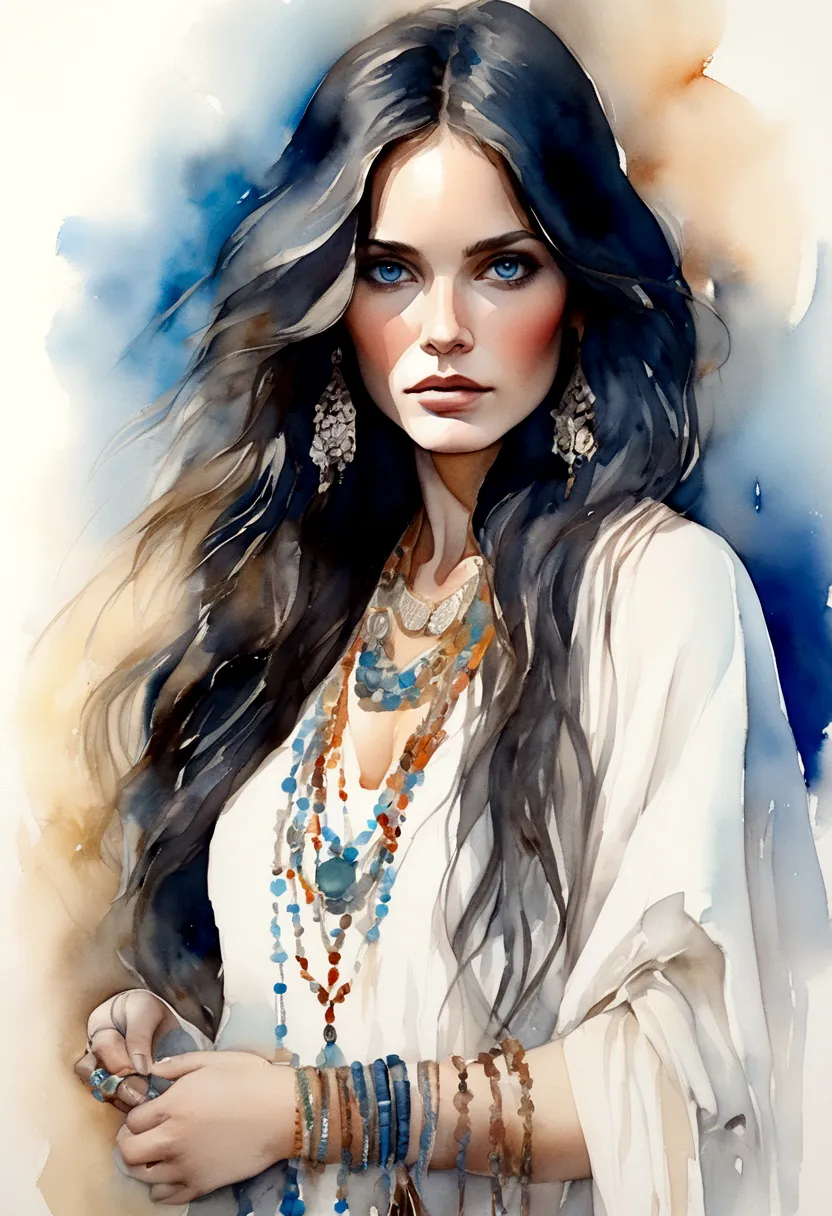 A captivating watercolor portrait of a bohemian woman with long dark hair, piercing blue eyes, her intense gaze directly meeting...