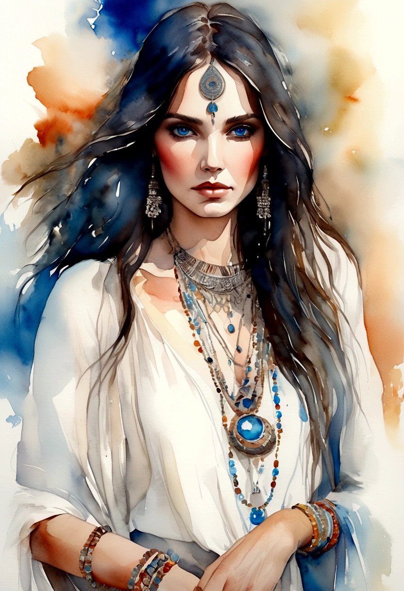 A captivating watercolor portrait of a bohemian woman with long dark hair, piercing blue eyes, her intense gaze directly meeting the viewer's eye. She dons a flowing white linen dress, accentuated by a collection of elegant and shimmering boho bracelets adorning her wrist. The background is a soft, neutral hue, creating a striking contrast that highlights her bold and confident presence, exuding both strength and allure., poster, painting, fashion