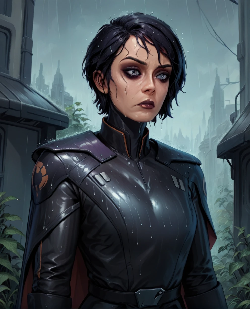 score_9,score_8_up,score_7_up,score_6_up, sabine wren ,,black hair, upper body, wet, armor,gloves,black bodysuit,black cape,belt,rain, science fiction,sith base, star wars, outdoors, rain, solo,fflixbag wearing armor sabine wren
