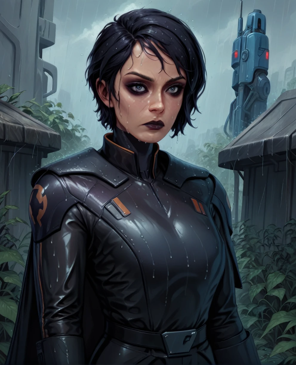 score_9,score_8_up,score_7_up,score_6_up, sabine wren ,,black hair, upper body, wet, armor,gloves,black bodysuit,black cape,belt,rain, science fiction,sith base, star wars, outdoors, rain, solo,fflixbag wearing armor sabine wren
