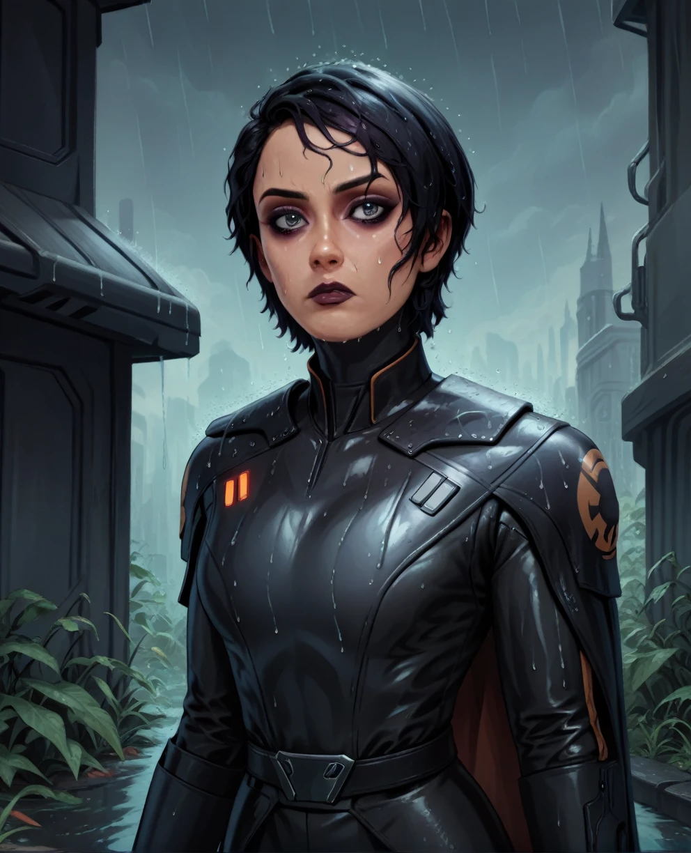 score_9,score_8_up,score_7_up,score_6_up, sabine wren ,,black hair, upper body, wet, armor,gloves,black bodysuit,black cape,belt,rain, science fiction,sith base, star wars, outdoors, rain, solo,fflixbag wearing armor sabine wren
