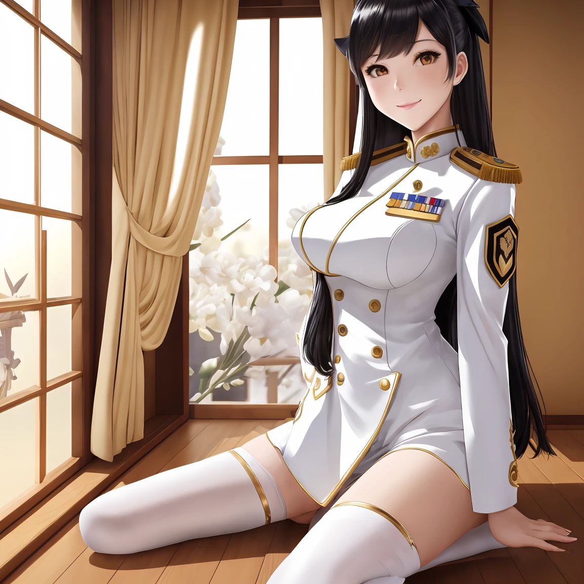 A woman wearing a white female military uniform with gold details, exposed thigh, long maroom stockings, white heels, golden medal, white gloves, big breasts, yellow eyes, very dark black hair, long hair, long neko ears, smiling, walking on a Japanese platform, with views of traditional Japanese houses, full length, anime style, sparkle, drop shadow, bloom, UHD, masterpiece, ccurate, anatomically correct, textured skin, super detail, high quality, best quality, 8k, highres, (solo woman)
