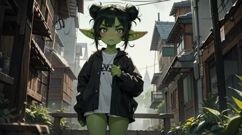 Best god quality, detailed, perfect anatomy, little goblin girl, goblin in big shirt, she is wearing an oversized shirt, raining...