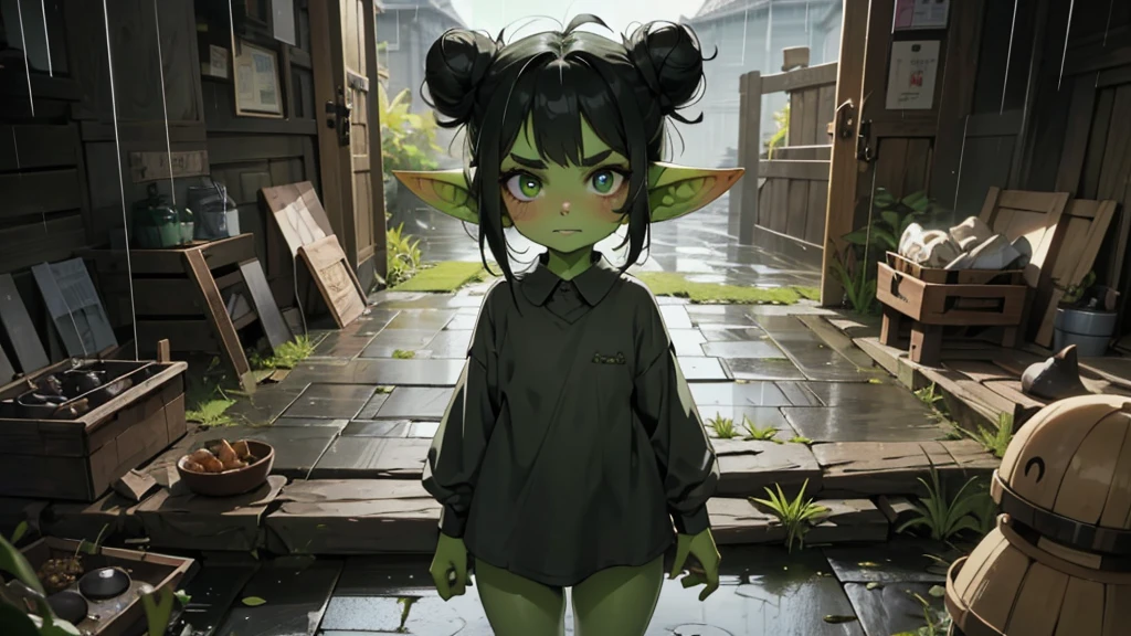 Best god quality, detailed, perfect anatomy, little goblin girl, goblin in big shirt, she is wearing an oversized shirt, raining, it's raining hard, night, house, pointy ears, long ears, green skin, she has black hair, cute, big green eyes, looking at camera, black hair buns, black hair, looking at viewer, cute, adorable, solo, emerald eyes, only wearing shirt shirt, single large shirt, socks, black hair, cute goblin, goblin girl, female goblin, mischievous look, excited expression, smug, (((SOLO))), (girl in middle standing)