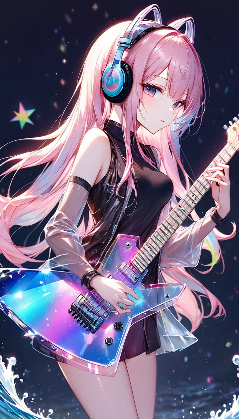 best quality, super fine, 16k, incredibly absurdres, extremely detailed, 2.5D, delicate and dynamic depiction, Megurine Luka, Vocaloid character, beautiful and cool, (playing transparent, translucent, iridescent glitter, star-shaped deformed guitar), cool and stylish headphones, attractive and seductive expression, glamorous slender body, very beautiful effects, background walking on the sea, breaking sea, big wave effect