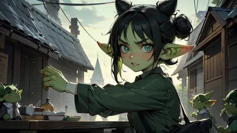 Best god quality, detailed, perfect anatomy, little goblin girl, goblin in big shirt, she is wearing an oversized shirt, raining...