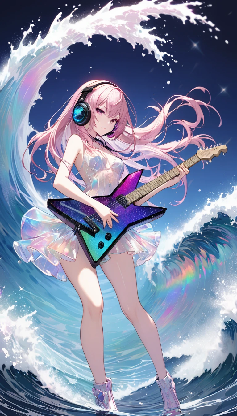 mejor calidad, super fine, 16k, increíblemente absurdos, extremadamente detallado, 2.5D, representación delicada y dinámica, Megurine Luka, Personaje de Vocaloid, hermosa y genial, (jugando transparente, translúcido, brillo iridiscente, guitarra deformada en forma de estrella), Auriculares modernos y elegantes, expresión atractiva y seductora, cuerpo esbelto y glamoroso, efectos muy bonitos, fondo caminando sobre el mar, rompiendo el mar, efecto de gran ola