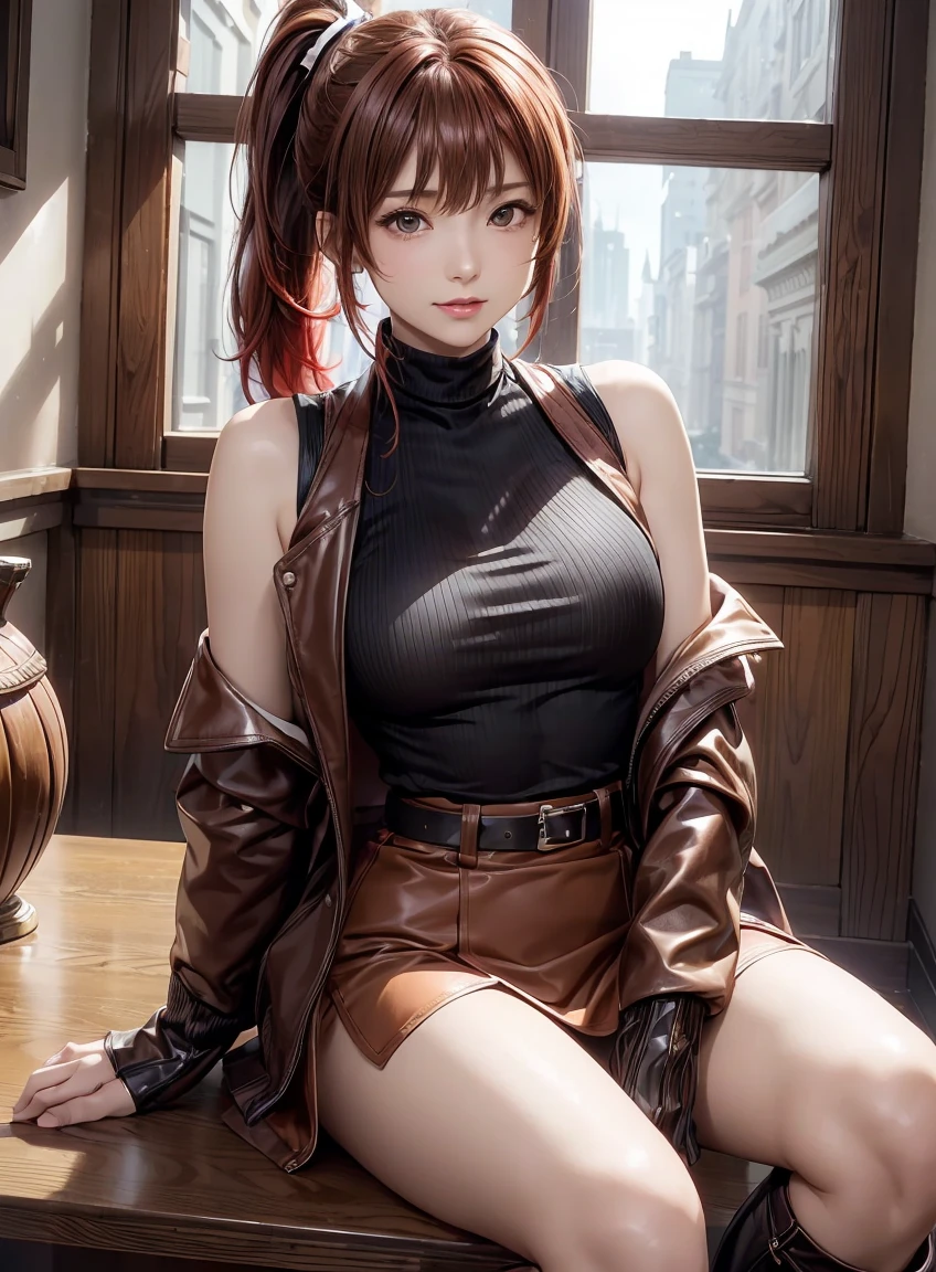 (best quality:1.3), high resolution, Very detailed, Very detailed CG Unity 8k wallpaper, Practical, photo-Practical, original photo, Pretty Face, White skin, Genuine Leather, High quality fabrics, Detailed hair texture, Perfect body, Beautiful Features, Precision Fingering, Anatomically correct, Very detailed face and skin texture、A girl, Lovely, Red hair, ((Side Ponytail, Brown eyes: 1. 2)), ((Slanted eyes:1.3))、Thick bangs, sleeveless jacket、Cardigan jacket、Pencil Skirt、belt、Knee-high boots、leather gloves、sit on the chair、spread your legs。