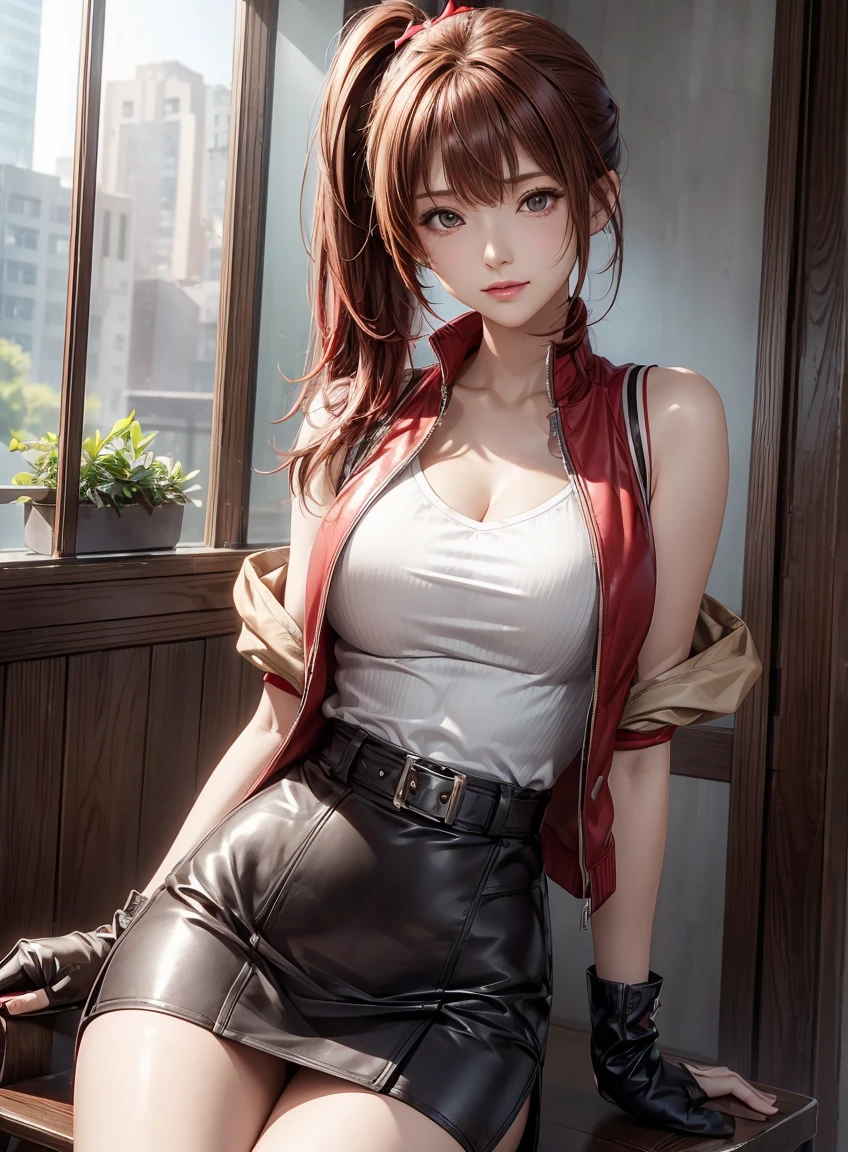 (best quality:1.3), high resolution, Very detailed, Very detailedな CG Unity 8k 壁紙, Practical, photo-Practical, original photo, Pretty Face, White skin, Genuine Leather, High quality fabrics, Detailed hair texture, Perfect body, Beautiful Features, Precision Fingering, Anatomically correct, Very detailedな顔と肌の質感、A girl, Lovely, Red hair, ((Side Ponytail, Brown eyes: 1. 2)), ((Slanted eyes:1.3))、Thick bangs, sleeveless jacket、Cardigan jacket、Pencil Skirt、belt、Knee-high boots、leather gloves、sit on the chair、spread your legs。