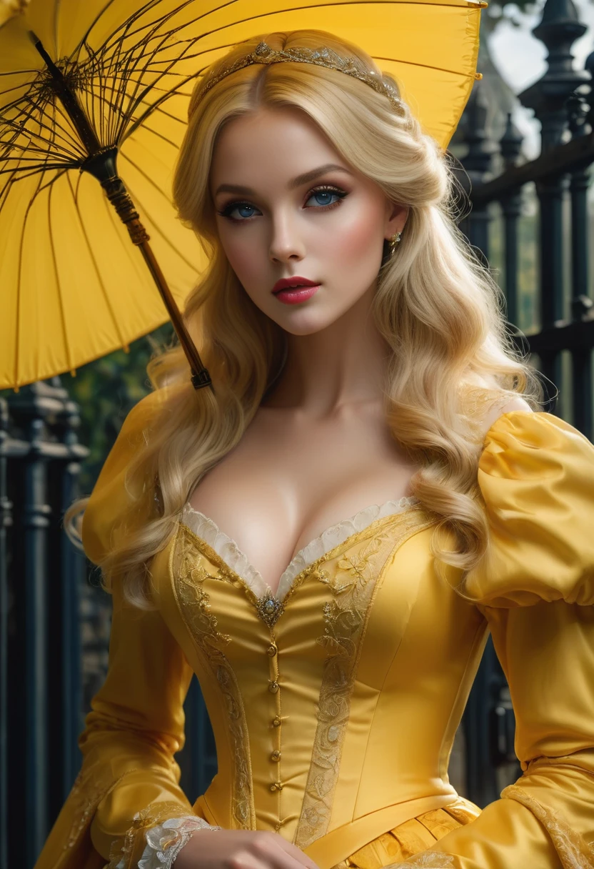 (highest quality, 4k, 8K, High resolution, masterpiece), (Super detailed, realistic, realistic:) Seductive blonde princess, Wearing a striking yellow Victorian dress, Standing in front of a gate holding a yellow parasol. Her mesmerizing eyes are exquisitely crafted, Capture every sparkle and depth, her lips boast a detailed beauty that is captivating and enchanting. The level of detail is across the entire face, Each contour and feature is perfectly and meticulously rendered., Create a sense of hyperrealism that draws viewers in girl's clothes, It is a work of art in itself. material, Adds a touch of dynamism to her overall look. 
