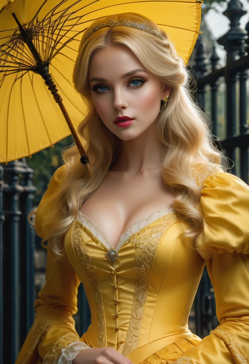 (highest quality, 4k, 8K, High resolution, masterpiece), (Super detailed, realistic, realistic:) Seductive blonde princess, Wearing a striking yellow Victorian dress, Standing in front of a gate holding a yellow parasol. Her mesmerizing eyes are exquisitely crafted, Capture every sparkle and depth, her lips boast a detailed beauty that is captivating and enchanting. The level of detail is across the entire face, Each contour and feature is perfectly and meticulously rendered., Create a sense of hyperrealism that draws viewers in girl's clothes, It is a work of art in itself. material, Adds a touch of dynamism to her overall look. 
