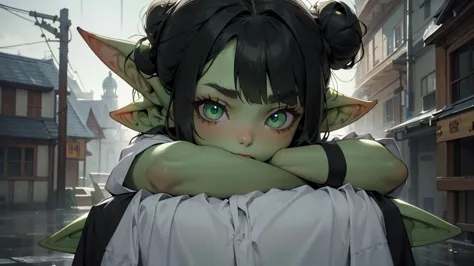 Best god quality, detailed, perfect anatomy, little goblin girl, goblin in just a big shirt, she is wearing only a oversized shi...