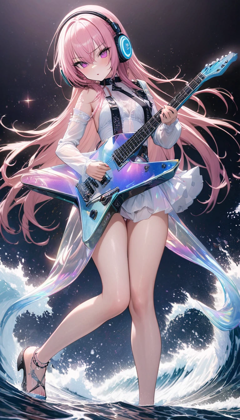 best quality, super fine, 16k, incredibly absurdres, extremely detailed, 2.5D, delicate and dynamic depiction, Megurine Luka, Vocaloid character, beautiful and cool, (playing transparent, translucent, iridescent glitter, star-shaped deformed guitar), cool and stylish headphones, attractive and seductive expression, glamorous slender body, very beautiful effects, background walking on the sea, breaking sea, big wave effect