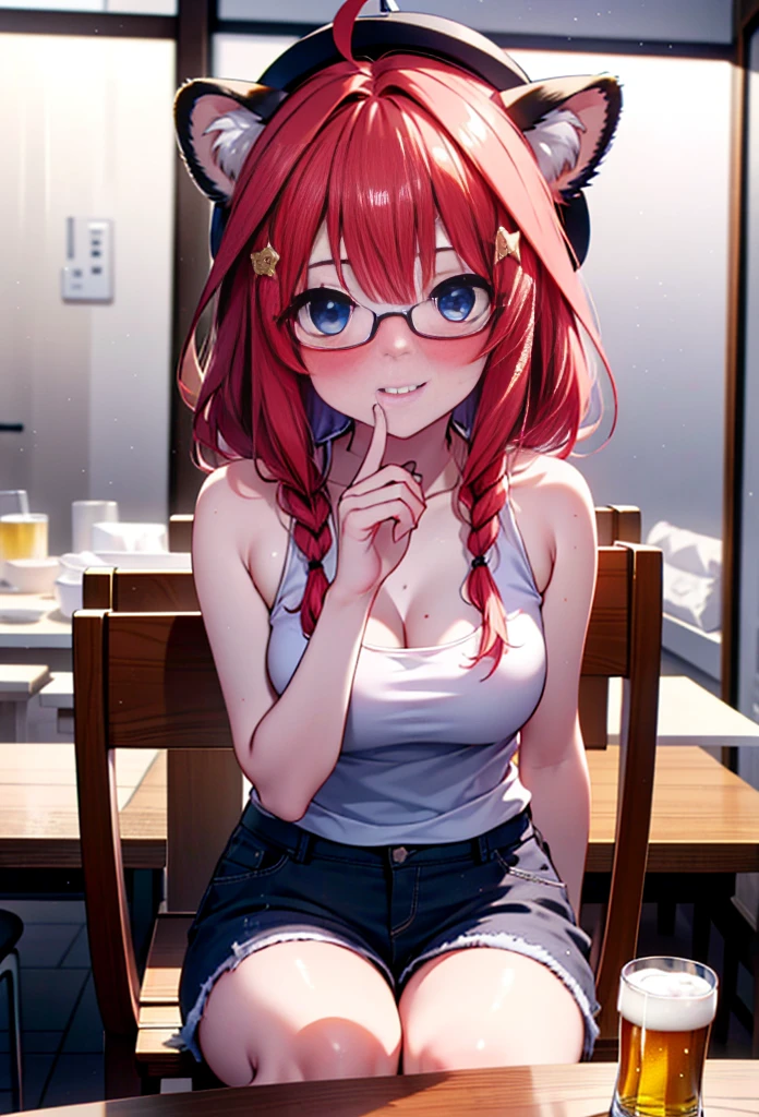 Satsuki Nakano, itsuki nakano, bangs, blue eyes, Hair between the eyes, Ahoge, Redhead, Long braids,Red-rimmed glasses,star \(symbol\), hair ornaments, smile,blush,star hair ornaments,Animal ears　 Raccoon Ears,raccoon tail,happy smile, smile, Open your mouth,blush,Drunk,White Hat,Red Tank Top,Shorts,Sandals,Beer and food on the table,Sitting in a chair,whole bodyがイラストに入るように,night,
break indoors, Izakaya,
break looking at viewer, whole body,
break (masterpiece:1.2), Highest quality, High resolution, unity 8k wallpaper, (figure:0.8), (Beautiful attention to detail:1.6), Highly detailed face, Perfect lighting, Highly detailed CG, (Perfect hands, Perfect Anatomy),