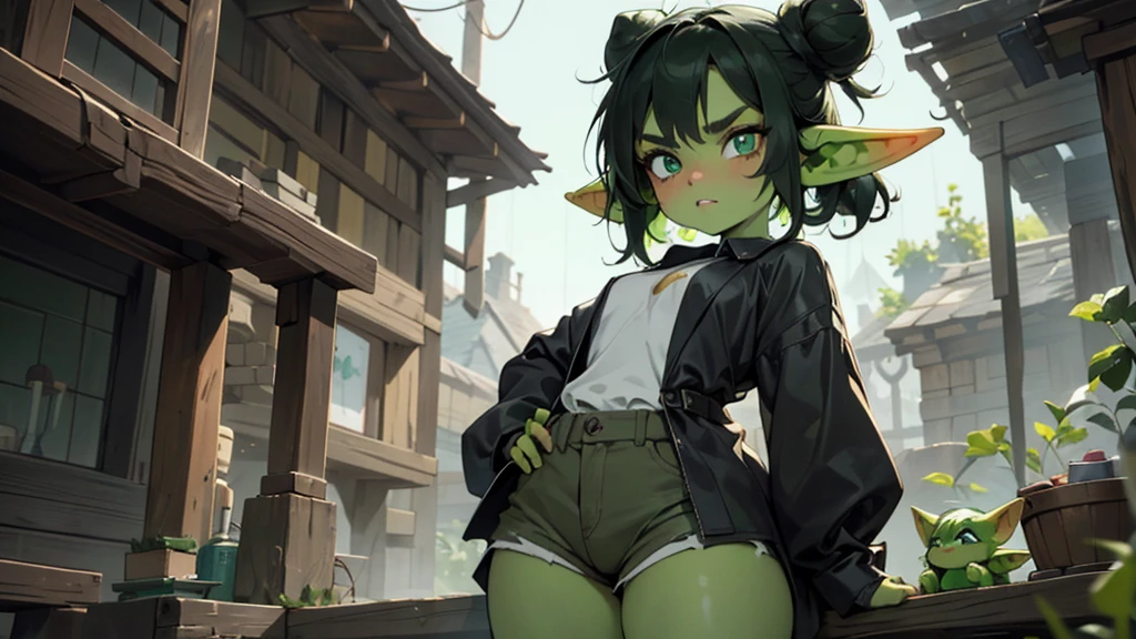 Best god quality, detailed, perfect anatomy, little goblin girl, goblin in just a big shirt, no shorts, no socks, exposed thighs, naked thighs, raining, it's raining hard, night, house, pointy ears, long ears, green skin, she has black hair, cute, big green eyes, looking at camera, black hair buns, black hair, looking at viewer, cute, adorable, solo, emerald eyes, only wearing shirt, single large shirt, socks, black hair, cute goblin, goblin girl, female goblin, mischievous look, excited expression, smug, (((SOLO))), (girl in middle standing)