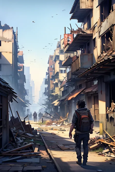 1 male、backpack、apocalypse、crumbling buildings、overlooking the city from the building