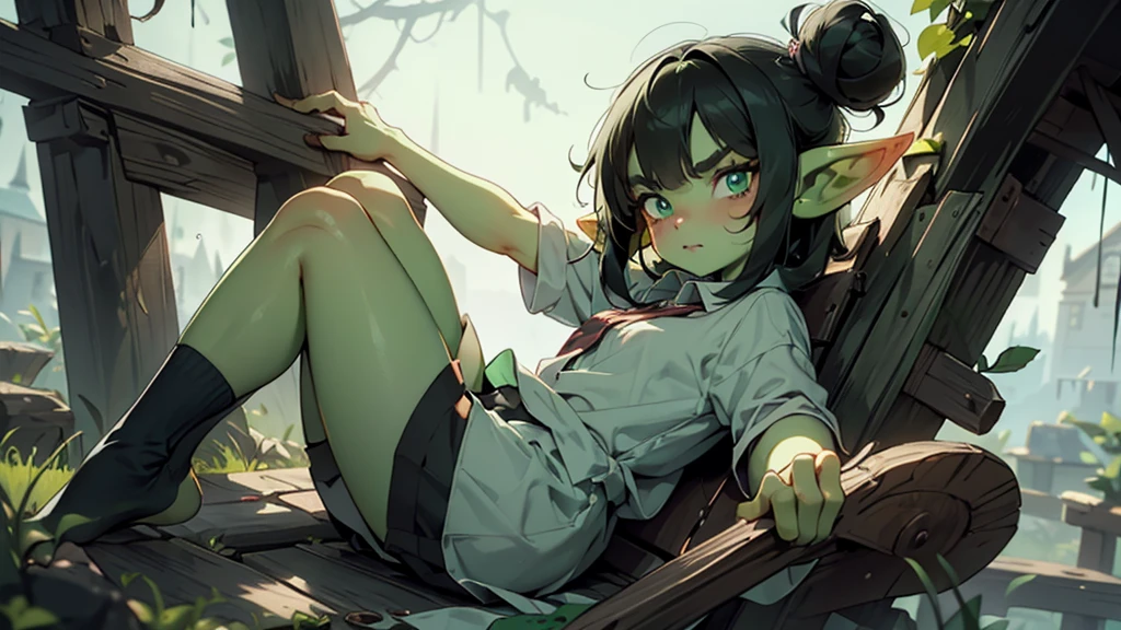 Best god quality, detailed, perfect anatomy, little goblin girl, goblin in just a big shirt, no shorts, no socks, exposed thighs, naked thighs, raining, it's raining hard, night, house, pointy ears, long ears, green skin, she has black hair, cute, big green eyes, looking at camera, black hair buns, black hair, looking at viewer, cute, adorable, solo, emerald eyes, only wearing shirt, single large shirt, socks, black hair, cute goblin, goblin girl, female goblin, mischievous look, excited expression, smug, (((SOLO))), (girl in middle standing)