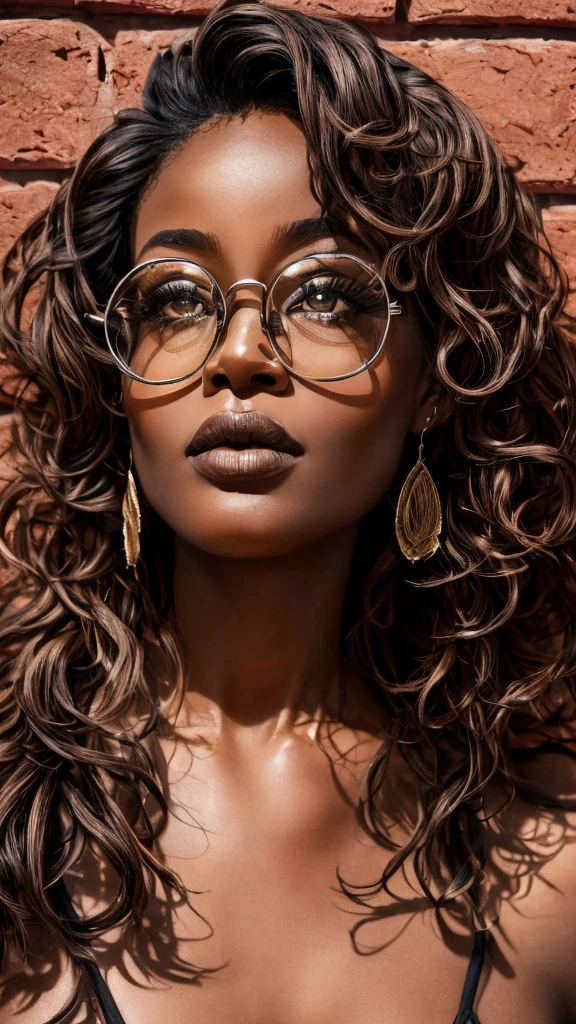 dynamic close-up of the upper part of 1 French woman, black, extremely slim and beautiful, perfect body, (well-shaped and delicate face with (piercing gaze)), black skin with highly detailed depth, she is leaning against a brick wall, ( long hair, slightly messy and shiny wavy brown hair, hair over the eyes), (detailed, large, bright eyes, light brown eyes, curled eyelashes, large glasses), (sensual pouting with mouth), wearing a short sweater showing shoulders, (she is shining with sweat), ultra realistic image, Perfect Symmetry, vibrant and sharp, dynamic vision, high quality, hyper-realistic and cinematic 32k.