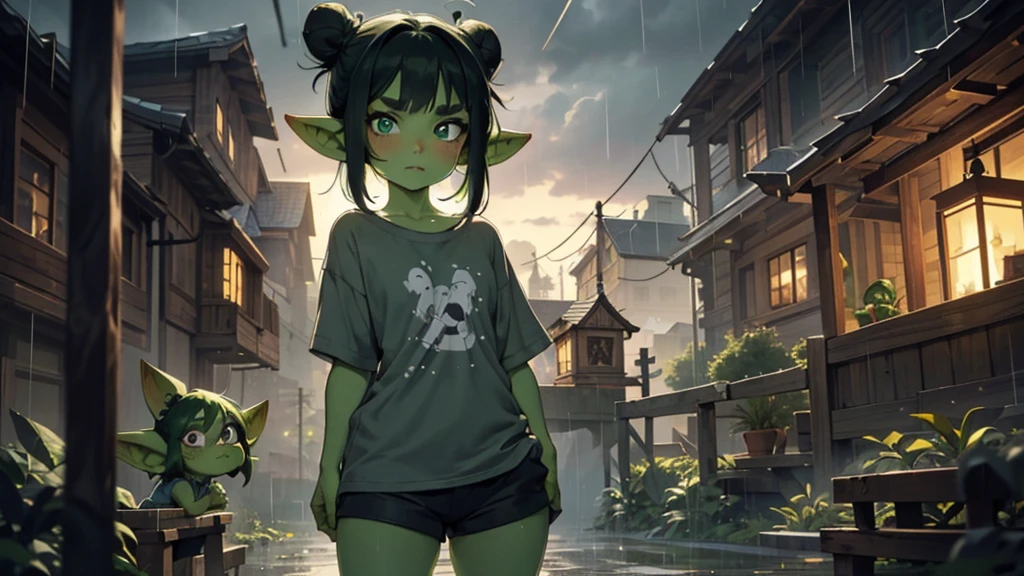 Best god quality, detailed, perfect anatomy, little goblin girl, goblin in just a big shirt, no shorts, no socks, exposed thighs, naked thighs, raining, it's raining hard, night, house, pointy ears, long ears, green skin, she has black hair, cute, big green eyes, looking at camera, black hair buns, black hair, looking at viewer, cute, adorable, solo, emerald eyes, only wearing shirt, single large shirt, socks, black hair, cute goblin, goblin girl, female goblin, mischievous look, excited expression, smug, (((SOLO))), (girl in middle standing)