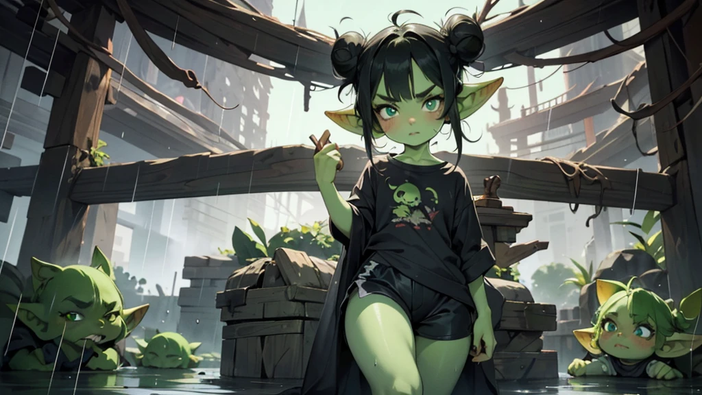 Best god quality, detailed, perfect anatomy, little goblin girl, goblin in just a big shirt, no shorts, no socks, exposed thighs, naked thighs, raining, it's raining hard, night, house, pointy ears, long ears, green skin, she has black hair, cute, big green eyes, looking at camera, black hair buns, black hair, looking at viewer, cute, adorable, solo, emerald eyes, only wearing shirt, single large shirt, socks, black hair, cute goblin, goblin girl, female goblin, mischievous look, excited expression, smug, (((SOLO))), (girl in middle standing)