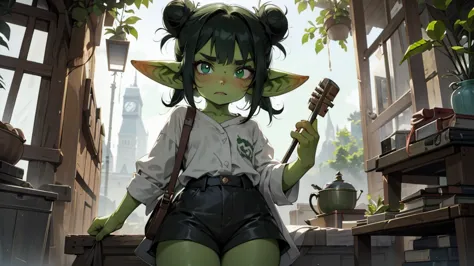 Best god quality, detailed, perfect anatomy, little goblin girl, goblin in just a big shirt, no shorts, no socks, exposed thighs...