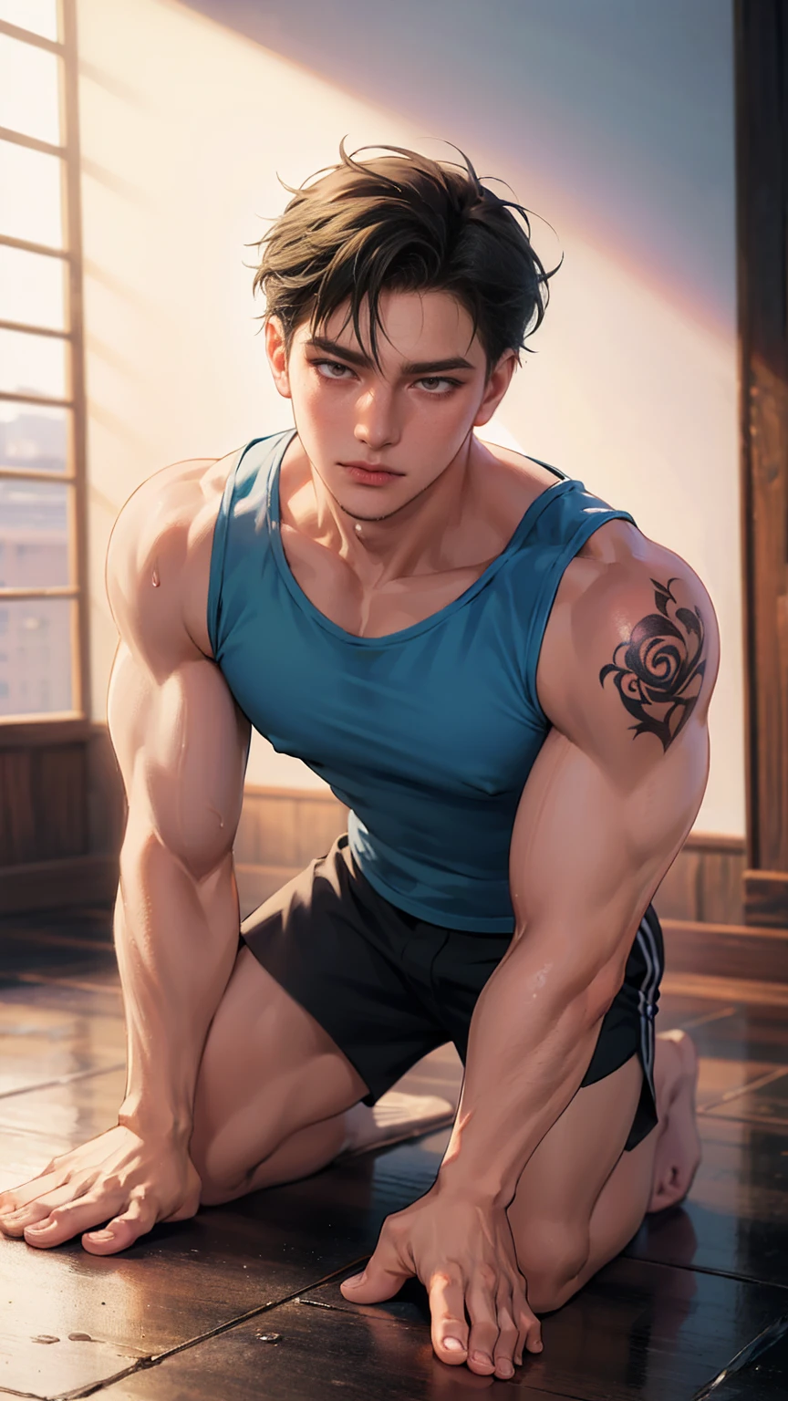 (8K, best quality, masterpiece:1.2),(best quality:1.0), (Ultra-high resolution:1.0),(Delicate facial features:1.0),cartoon, A muscular man, Tattoo,shorts,Sleeveless shirt,slippers,Kneeling on the ground,Sweating,Soaked,Malu,Full body portrait,