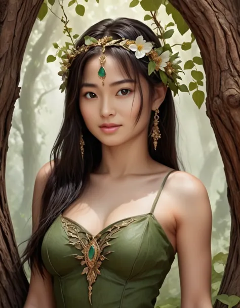 Goddess of NatureGoddess of Nature emerges from ancient tree, vines and various flowers entwined in her form, embodying stunning...