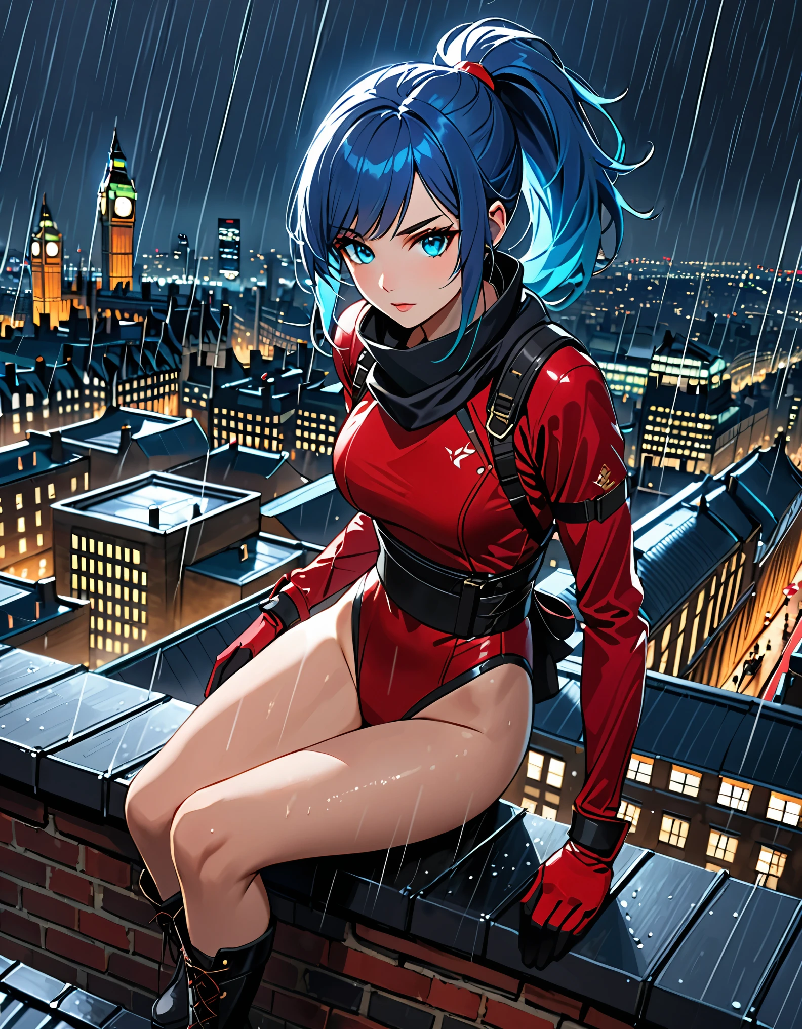 masterpiece, best quality, semi-realistic, solo, solo focus 1girl, blue hair, short hair, ponytail hair, cyan eyes, beautiful detailed eyes, beautiful detailed face, stoic, professional, ninja, red leotard, red tactical gloves, bare legs, matching boots, using sai knives, london cityscape, rooftop, dutch angle, night, rain, running to viewer, noir atmosphere.