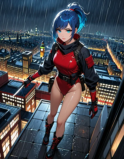 masterpiece, best quality, semi-realistic, solo, solo focus 1girl, blue hair, short hair, ponytail hair, cyan eyes, beautiful de...