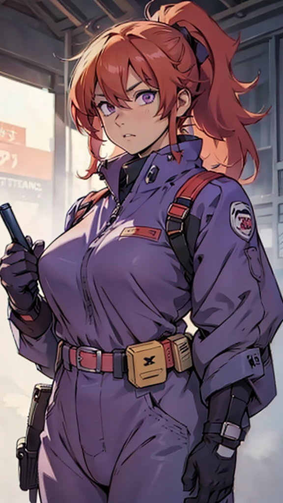 High detailed, 1 japanese girl, solo, peach colored hair, side ponytail, purple eyes, big busty, chunky, pilot suit, serious expression, expressive eyes, finger-gloves, gun-belt