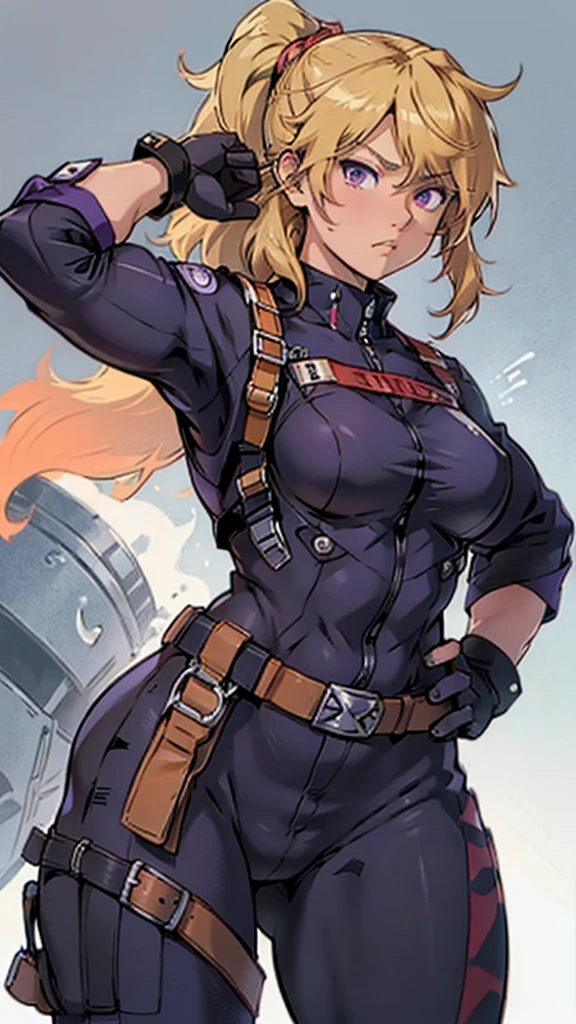 High detailed, 1 japanese girl, solo, peach- Blondie hair, side ponytail, purple eyes, big busty, chunky, thicc hips, pilot bodysuit, serious expression, expressive eyes, finger-gloves, gun-belt