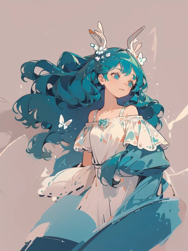 Head-shot, 1girl, long wavy tosca blue hair, deer ears, white deer antlers, butterfly hair ornament, blue flower, elegant white off shoulder dress, teaseful expression, splash background, solo, sketch, portrait for profile