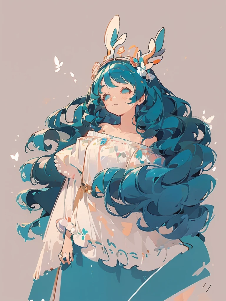 Head-shot, 1girl, long wavy tosca blue hair, deer ears, white deer antlers, butterfly hair ornament, blue flower, elegant white off shoulder dress, teaseful expression, splash background, solo, sketch, portrait for profile