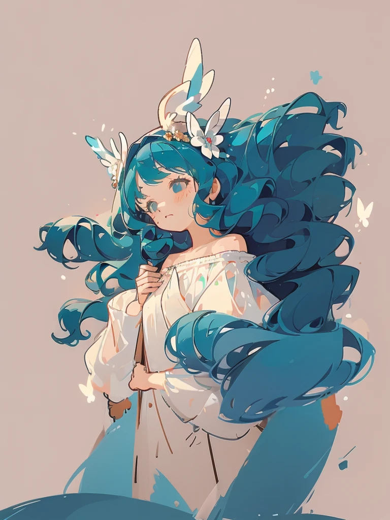 Head-shot, 1girl, long wavy tosca blue hair, deer ears, white deer antlers, butterfly hair ornament, blue flower, elegant white off shoulder dress, teaseful expression, splash background, solo, sketch, portrait for profile