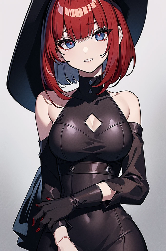 a beautiful girl with red hair wearing a black dress, detailed facial features, bob haircut, full body illustration, woman wearing a long black and red coat, solo character, white background, anime style, highly detailed, photorealistic, 8k, best quality, masterpiece, blue eyes, short hair