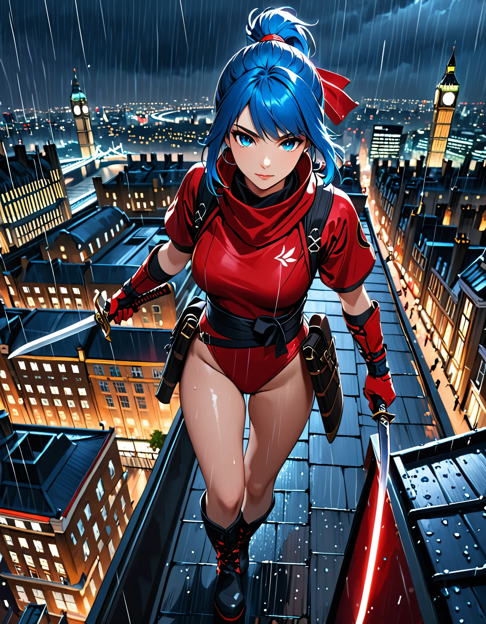 masterpiece, best quality, semi-realistic, solo, solo focus 1girl, blue hair, short hair, ponytail hair, cyan eyes, beautiful detailed eyes, beautiful detailed face, stoic, professional, ninja, red leotard, red tactical gloves, bare legs, matching boots, using daggers, london cityscape, rooftop, dutch angle, night, rain, running to viewer, noir atmosphere.