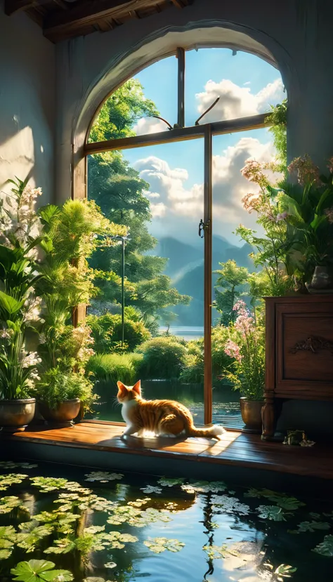 bigきな窓から雲がかかった楽園の眺めが楽しめる、Create a tranquil scene with a cat in a cozy room。, 4Kと8Kの解像度in非常に詳細なデジタルアートinレンダリング, Uses Octane、Inspi...