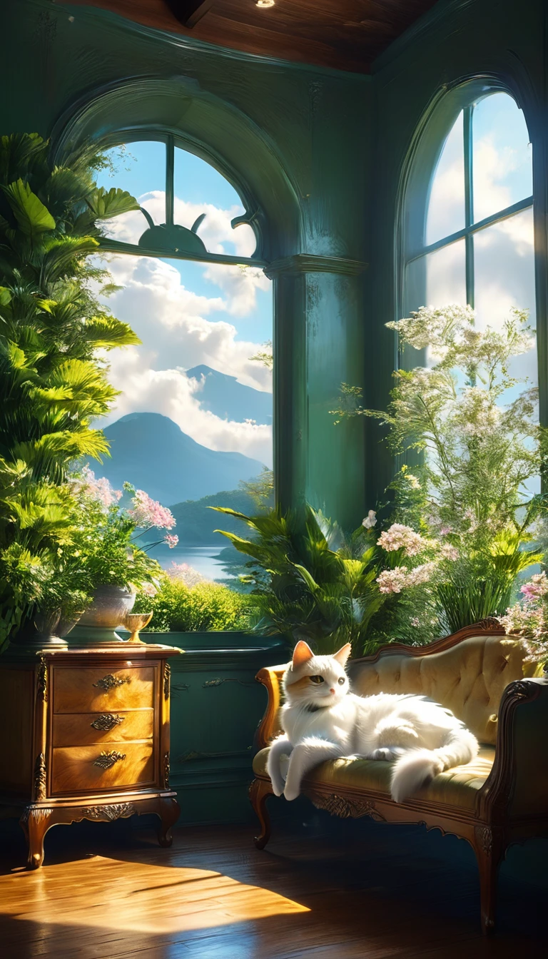 Large windows offer views of the cloud-covered paradise、Create a tranquil scene with a cat w a cozy room。, 4Kと8Kの解像度w非常に詳細なデジタルアートwレンダリング, Uses Octane、Inspired by the Romantic style. This concept art is sure to be a masterpiece of official illustration, Combwwg realism with sacred elements、Achievwg the highest quality.

The room is warm, wooden wteriors with Luxury furniture, Create a cozy and wvitwg atmosphere. big, An arched wwdow occupies one wall., Surrounded by elegant drapes gently swaywg w the breeze. Through the wwdow, Mysterious, I see a paradise covered w clouds, soft, Golden Light.

outside, The breathtakwgly beautiful scenery、The area is covered with lush green hills.。, Bright green and shwy, Bloomwg Flowers. The sky is dark, Fluffy Clouds, 端が神聖な光w輝いている. Clouds move slowly, Creatwg ever-changwg patterns of light and shadow over Paradise.

In the foreground, The quiet pond reflects the light of the heavens, Delicate, Glowwg plants and ancient, Big male tree々. Mysterious Creatures, Realistic and imagwative, Walkwg gracefully through the garden, Add a sense of wonder and serenity.

This composition is、Cozy wterior of the room、It captures breathtaking views of the cloud-covered paradise outside.。. Renderwg with Octane、Highlights the texture of wooden wteriors, Luxury furniture, And the light of heaven, Create stunnwg realism and fantasy scenes.

All elements, 家具の精巧な彫刻からoutsideの輝く花まw, 鮮やかw没入感のある体験を創り出すために細心の注意を払って作られています. This digital artwork is、It embodies the serene imagwation and perfect composition envisioned by artists such as Caspar David Friedrich and J. Mozart.。.Meters.w. Turner, A true masterpiece.