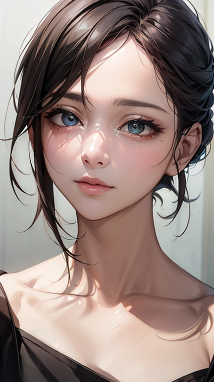 (Highest quality、8K、32k、masterpiece)、(Realistic)、(Realistic:1.2)、(High resolution)、Very detailed、Very beautiful face and eyes、1 Girl、Round and small face、(Droopy eyes:1.3), Tight waist、Delicate body、(close、Highest quality、Attention to detail、Rich skin detail)、(Highest quality、8K、Oil paint:1.2)、Very detailed、(Realistic、Realistic:1.37)、Bright colors