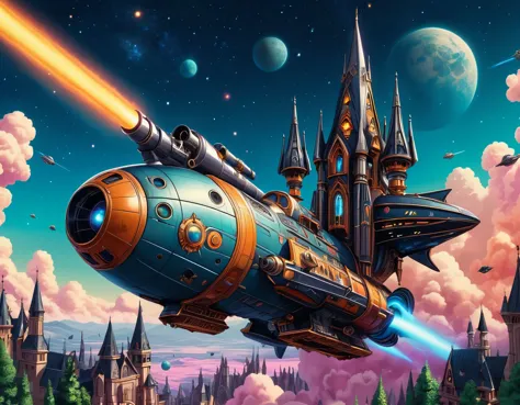 (cute cartoon style), (vintage spaceship with gothic spires and long cannons:1.2) (space war in the sky:1.2), epic nature scener...